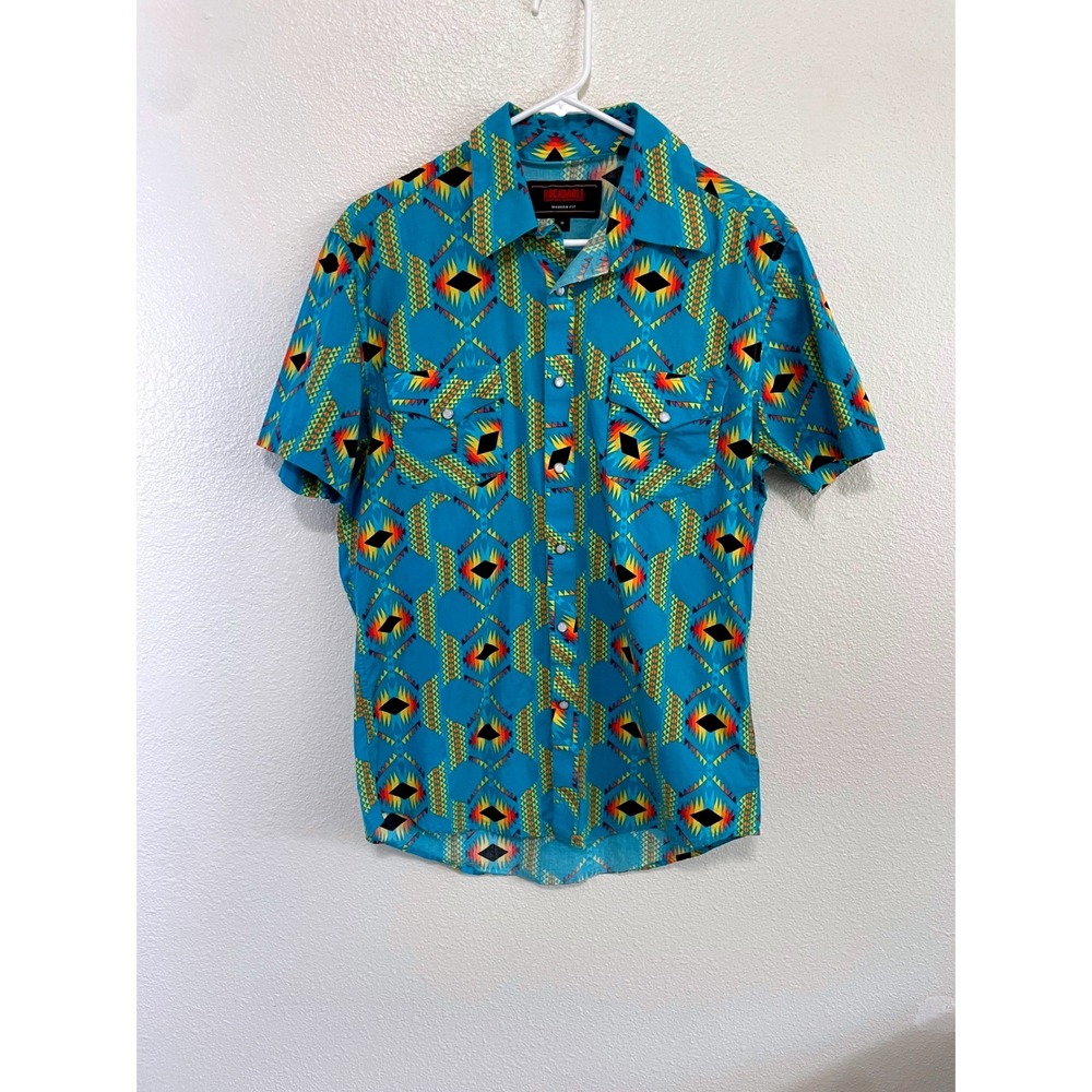 Rock and Roll Denim Western Shirt Mens Medium Turquoise Aztec Pearl Snap BMT4384